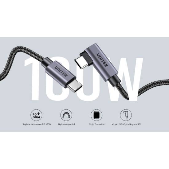 Kabel USB-C -> USB-C kątowy 2,0m PD 100W Unitek C14123BK-2M